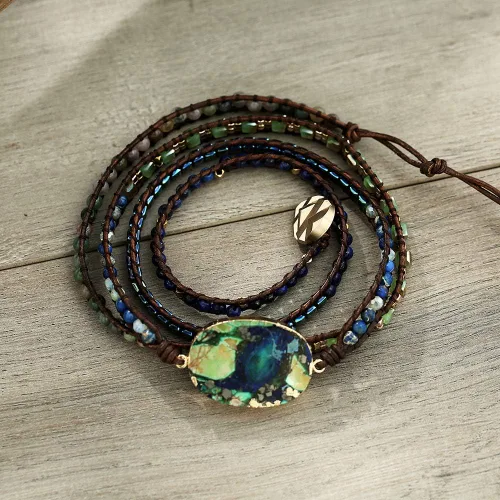 Vista 4 de Plumiss Boho Handmade Imperial Jasper Bracelets Natural Stone Crystal Hematite Mixed Beaded Strand Bracelet