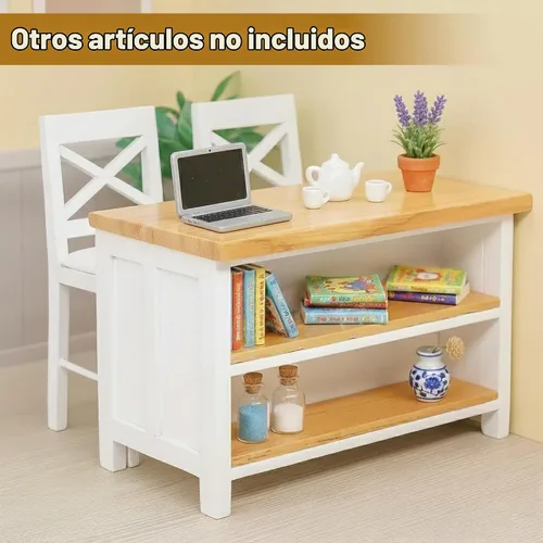 Vista 9 de Juego de sillas de mesa de comedor con islas de cocina de casa de muñecas 1/12 – Cocina en miniatura con taburetes, muebles de madera modernos