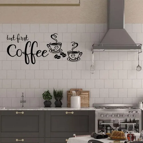 Vista 6 de Pegatina de vinilo para pared con texto en inglés «But First Coffee» para cafetería, cocina, hogar, decoración de pared