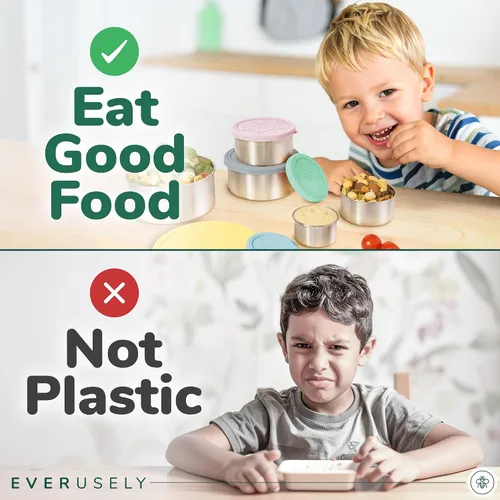 Vista 5 de Recipientes de alimentos de acero inoxidable, cajas de almuerzo de metal, juego de 5, brillantes Everusely lunch containers feature colorful lids