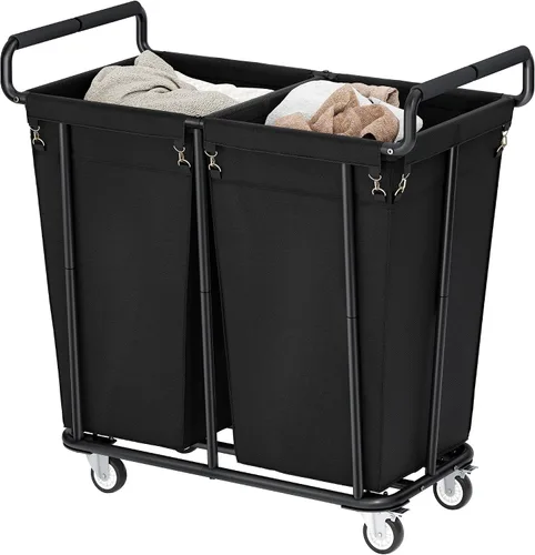 Vista 13 de Cesta de lavandería con ruedas, cesta de lavandería mediana de 250 litros para almacenamiento de ropa, carrito de lavandería resistente con asa Negro