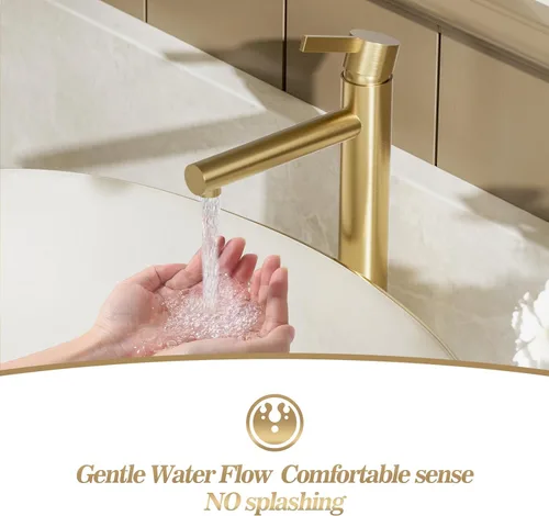 Vista 3 de Phiestina FH01-BG-V - Grifo de lavabo de baño de oro cepillado, un solo agujero, grifo alto de baño de una sola manija, con drenaje desplegable