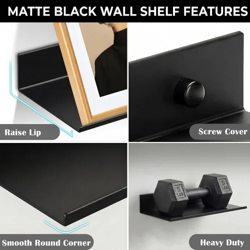 Vista 6 de Z metnal Estantes flotantes pequeños, mini estante de metal para pared, aluminio, montado en la pared y sin taladro, negro, 4.7 pulgadas, paquete
