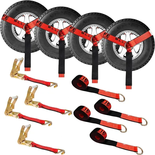Vista 13 de Mega Cargo Control Juego de 4 correas de lazo de anillo D de elevación de rueda de 2 pulgadas x 10 pies con (4) trinquetes de 2 pulgadas, (4)