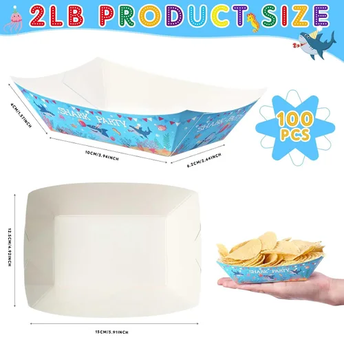 Vista 2 de Gejoy Juego de 100 piezas de suministros de fiesta de tiburón, papel desechable, aperitivos, decoraciones de cumpleaños, bandejas para servir comida
