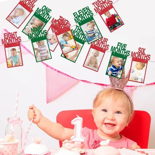 Vista 7 de Cartel de fotos de Navidad para el primer cumpleaños, pancarta de fotos con purpurina para recién nacidos a 12 meses, fotografía de hitos mensuales