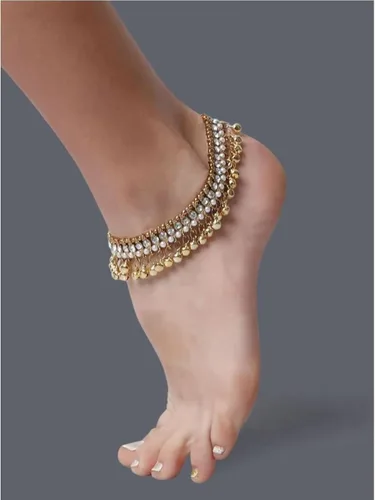 Vista 3 de Efulgenz Indian Bollywood Faux Kundan Pearl Wedding Bridal Anklet Pair with Bells Bracelet Payal Foot Jewelry