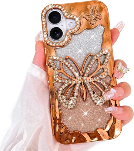 Vista 53 de Bonoma Funda con purpurina para iPhone 13 Pro Max, bonita funda 3D con patrón de chapado en degradado de mariposa de diamante, protección de cámara