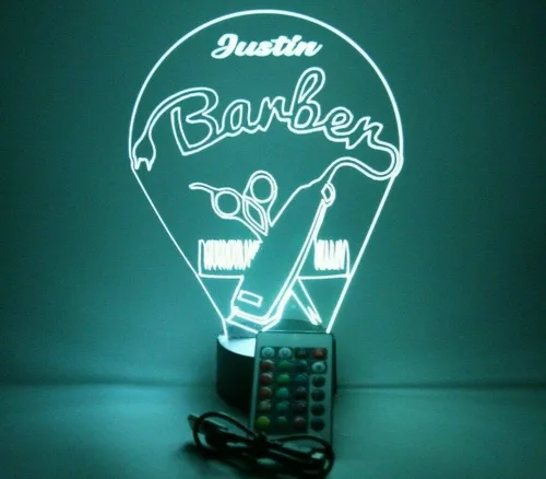 Vista 2 de Barbería peluquería corte peine silla tijeras afeitado hombres noche luz LED grabado personalizado nombre personalizado escritorio lámpara de mesa