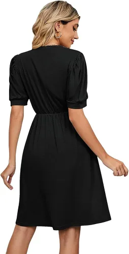 Vista 6 de Atxnn Vestido midi casual de verano para mujer, cuello en V, manga corta, suelto, acampanado, con bolsillos, ribete de encaje, vestido de patinadora