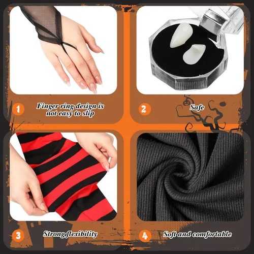 Vista 5 de Suhine Disfraz de vampiro de Halloween para mujer, leggings negros y rojos, vestido negro, colmillos de vampiro, guante para fiesta de cosplay