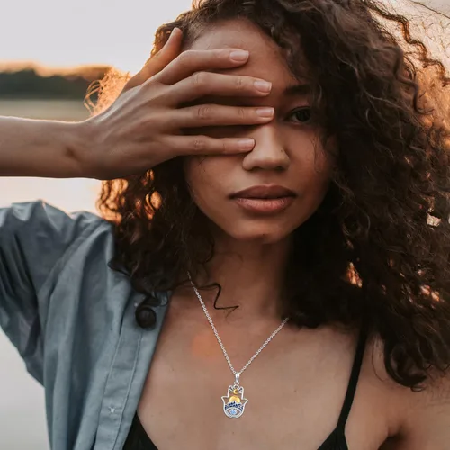 Vista 113 de Aniu Joyería de plata de ley 925 Hamsa de Fátima para mujer con circonita cúbica, viene con caja de regalo negra