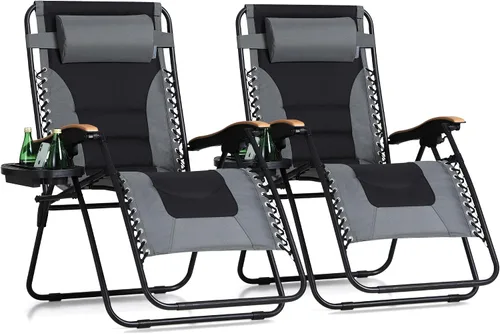 Vista 10 de MFSTUDIO Sillas Zero Gravity, silla reclinable de gran tamaño para patio, silla plegable acolchada con bandeja portavasos, soporta 400 libras