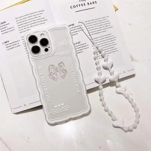 Vista 3 de Casechics Compatible con iPhone 13 Pro, pajarita de cristal, blanco Delgado, suave, transparente, con cadena de pulsera, para mujeres y niñas