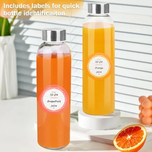 Vista 6 de PROBTTL Botellas de vidrio para jugo de 18 onzas con tapas, botellas de agua de vidrio transparente recargables con tapas herméticas de acero