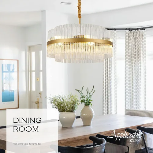 Vista 3 de 23.6" Lámparas de araña doradas modernas, candelabro de vidrio redondo de 2 niveles para comedor, 12 luces, lámparas colgantes para vestíbulo