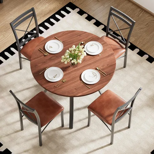 Vista 6 de VECELO juego de mesa de comedor de 5 piezas para 4 con sillas, superficie de grano de madera, espacio pequeño, cocina, desayunador, color marrón