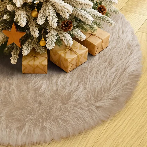 Vista 10 de Falda de Árbol de Navidad de 24 Pulgadas - Falda de Árbol de Piel Sintética Esponjosa Beige Blanca, Decoración Navideña de Felpa de Color Toka