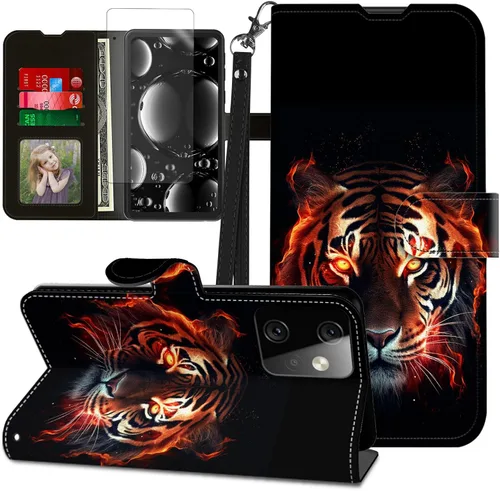 Vista 382 de Funda para Motorola Edge 2022 con protector de pantalla, soporte y tarjetero y correa para la muñeca, funda magnética para Moto Edge 2022 5G UW Lobo
