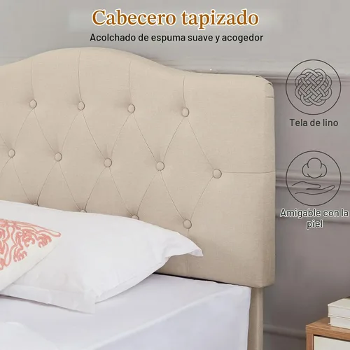 Vista 7 de VECELO Base de cama de plataforma de tamaño individual con cabecera tapizada de tela y soporte de listones de madera, no necesita somier/fácil Beige