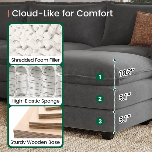 Vista 4 de Sofá de nube en forma de L de 118 pulgadas, sofá modular de gran tamaño con otomana móvil, cómodo sofá de felpilla de 4 plazas con asiento profundo