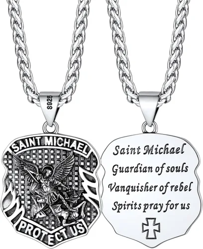 Vista 24 de FaithHeart Collar de San Miguel, acero inoxidable, chapado en oro de 18 quilates, amuleto colgante de San Miguel Arcángel para hombres y mujeres
