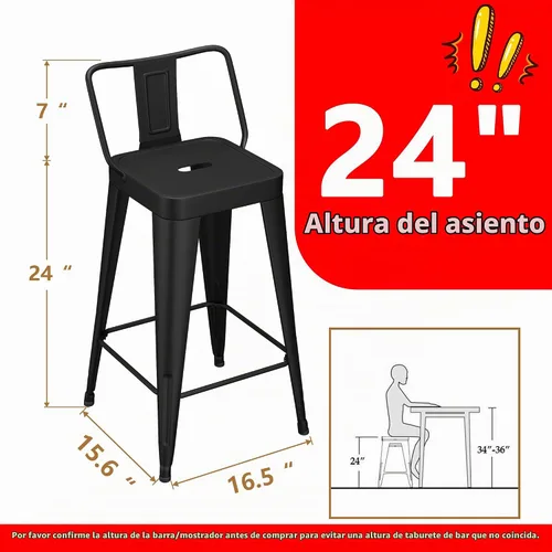 Vista 2 de WENTMENT Juego de 4 taburetes de bar de metal, altura de mostrador, color negro, con respaldo extraíble de 24 pulgadas, taburetes de bar de cocina