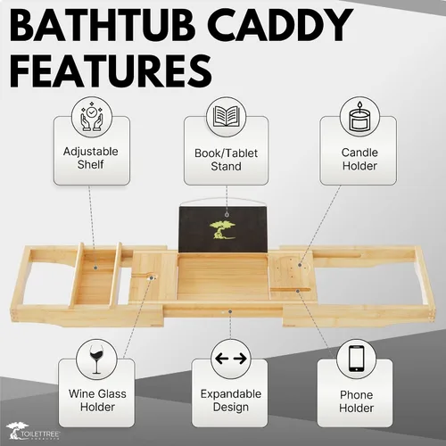 Vista 5 de ToiletTree Products Carrito de bañera de bambú con lados extensibles y soporte ajustable para libros (Deluxe)