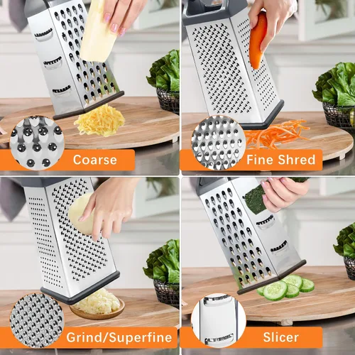 Vista 3 de Rallador de caja para cocina de 4 caras - Ralladores de queso de mano, trituradora de acero inoxidable para alimentos, verduras, zanahoria, patata