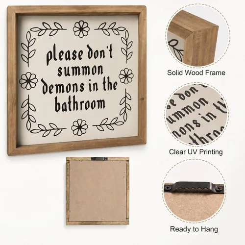 Vista 2 de flangairy Letrero de madera de 11.8 pulgadas con texto en inglés «Please Don't Summon Demons In The Bath», decoración de pared de baño de madera