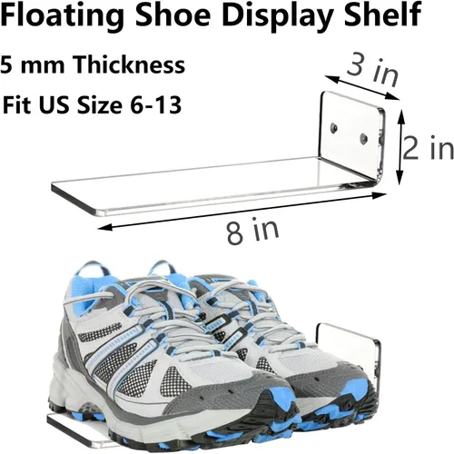 Vista 3 de Youeon Paquete de 8 estantes flotantes de exhibición de zapatos, estante acrílico de 8 x 3 pulgadas para pared, estantes flotantes para zapatos