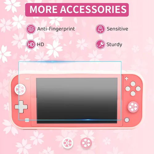 Vista 6 de FUNDIARY Funda de transporte Sakura rosa para Nintendo Switch Lite, lindo kit de accesorios de viaje para niña con bolsa de almacenamiento delgada