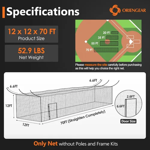 Vista 2 de ORIENGEAR Baseball Batting Cage Nets, ONLY NET, 70'L/55'L/35'L/20'L Baseball and Softball Cage Netting, 1.88" #45 Mesh, Professional Fully Enclosed