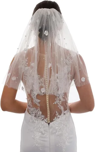 Vista 2 de 118'' Cathedral Wedding Veil Floral Bridal Veils Pearl Long Veil with Comb 2 Tier Short Veil for Brides
