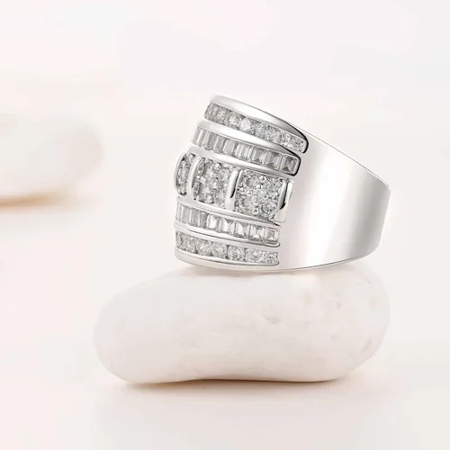 Vista 4 de Anillos de boda anchos para mujer, AAAAA, circonita cúbica, compromiso, eternidad, apilables, oro blanco, talla 5-10