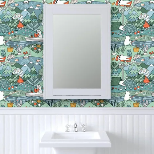 Vista 9 de Papel tapiz para despegar y pegar – Day Lake restaura la naturaleza, animales, gatos, picnic de verano, gatos, papel tapiz extraíble personalizado
