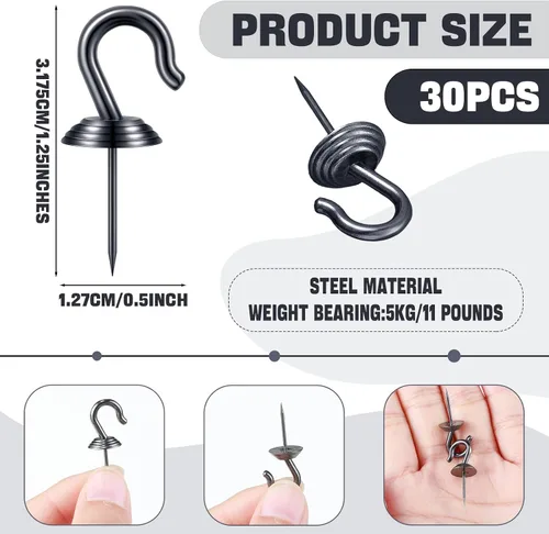 Vista 2 de Hotop 30 piezas de ganchos de pared con tachuelas de pulgar de hierro, ganchos de metal, tachuelas decorativas para cuadros, para 9 kg, para el Negro