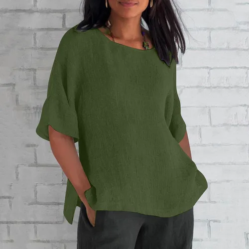 Vista 4 de Camisetas de gran tamaño para mujer, holgadas, holgadas, de algodón, elegantes, casuales, de media manga, cuello redondo