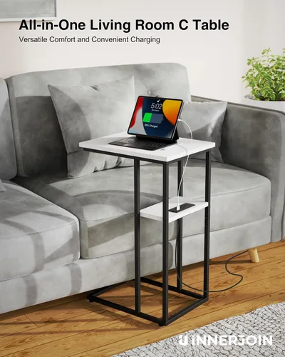 Vista 6 de Innerjoin Mesa auxiliar con estación de carga, juego de 2, mesa auxiliar en forma de C con tira de luz LED, puertos USB A y C de carga rápida, mesa