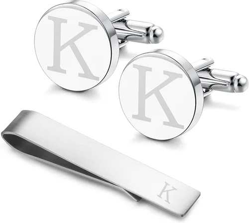 Vista 27 de LOYALLOOK - Gemelos de acero inoxidable grabados con inicial y clip de corbata, diseño de letras del alfabeto con caja de regalo, A-Z