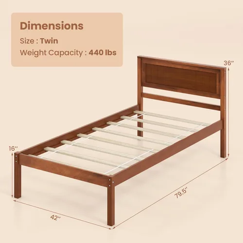 Vista 2 de Giantex Base de cama individual con cabecero, cama de plataforma de madera maciza con soporte de listones de madera, cama individual