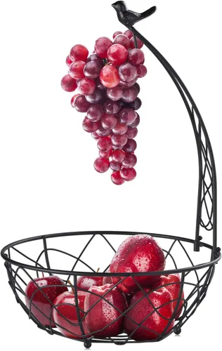 Vista 5 de Buruis Cesta de frutas de metal con soporte para plátano, diseño de pájaros Negro