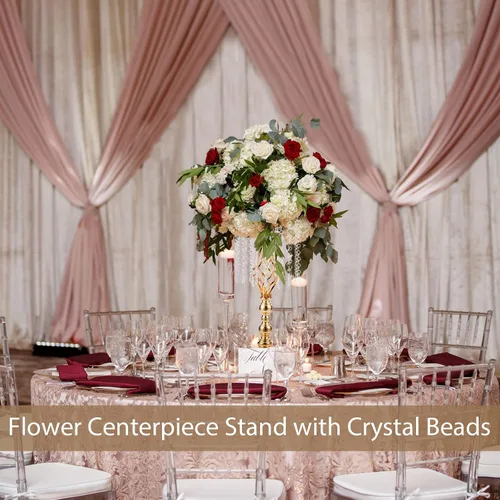 Vista 4 de Sziqiqi - Centro de mesa elevado floral dorado para mesa de boda de 21.7 pulgadas de altura con centros de mesa de flores de cristal y cuentas