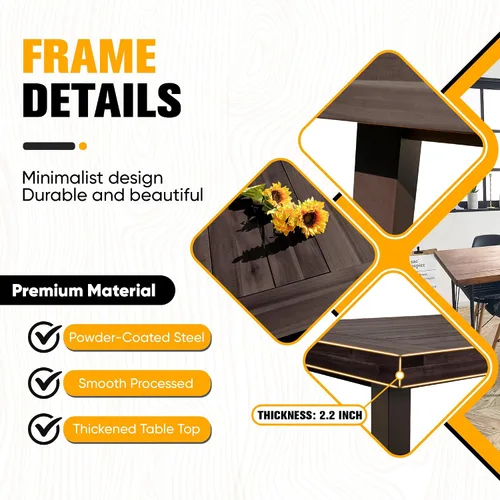 Vista 6 de Mesa de comedor Flamaker para 6 personas de madera de acacia FSC para interior y exterior, mesa de cocina del hogar con patas de hierro, mesa grande