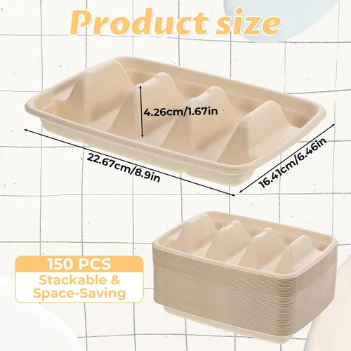 Vista 2 de 150 soportes desechables para tacos para fiestas, platos de taco de pulpa de bagazo de primera calidad, platos de tacos con 3 divisores, soporte