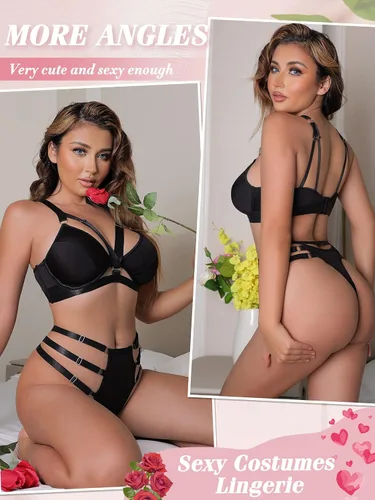 Vista 3 de popiv Conjunto de lencería exótica con tiras para mujer, conjunto de brasier y braga