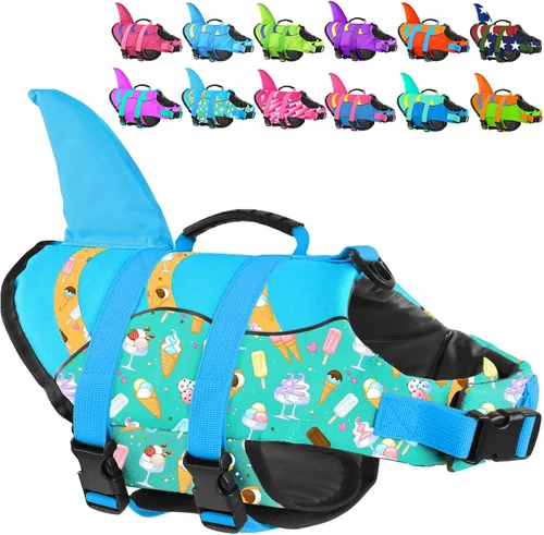 Vista 14 de Chaleco salvavidas para perros de Fragralley Shark, chaleco salvavidas ajustable para perros con aleta de tiburón, adecuado para perros pequeños