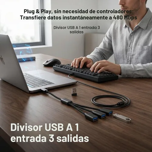 Vista 7 de Divisor USB de 1 entrada y 3 salidas, adaptador divisor USB A, USB 2.0 actualizado 2026 macho a 3 hembras, cable concentrador de extensión Y