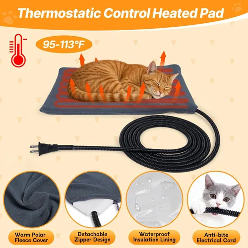 Vista 5 de FHTONGE Casa elevada para gatos con calefacción para gatos al aire libre en invierno, resistente a la intemperie, refugio para gatos con 2