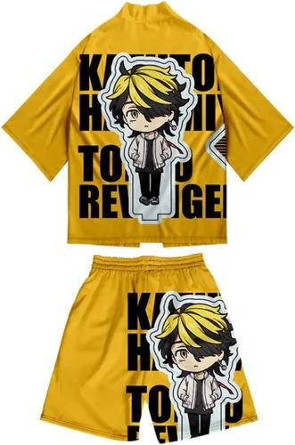 Vista 2 de Kimono japonés para hombre, anime TOKYO REVENGER Cosplay chaqueta con pantalones cortos, casual, frente abierto, pijama